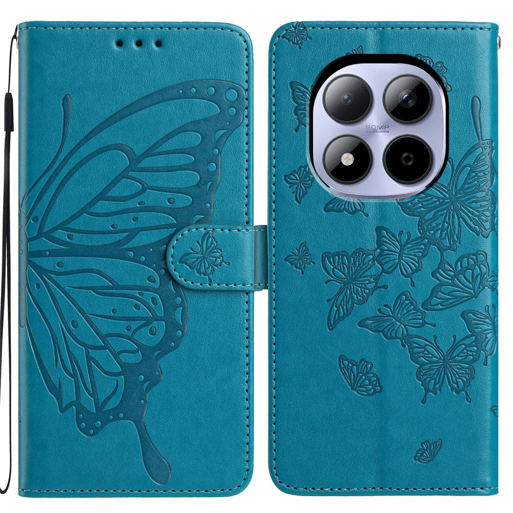 For Xiaomi Redmi Note 15 Pro 5G (Global) Case Butterfly Imprinted Wallet Stand PU Leather Flip Phone Cover with Strap - Blue