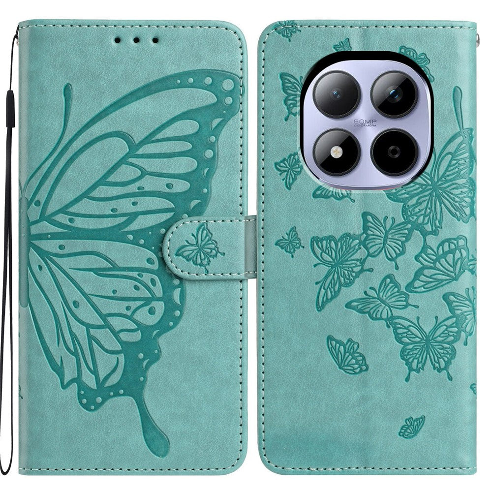 For Xiaomi Redmi Note 15 Pro 5G (Global) Case Butterfly Imprinted Wallet Stand PU Leather Flip Phone Cover with Strap - Green