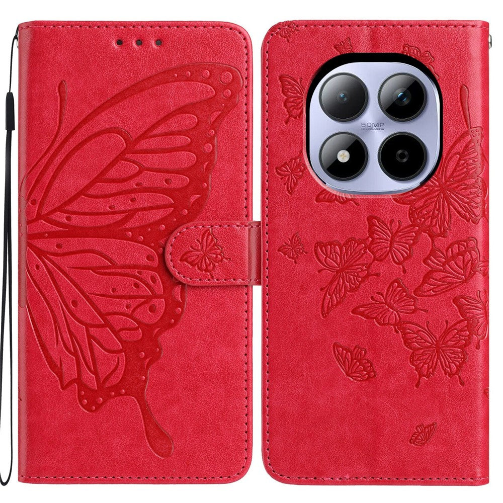 For Xiaomi Redmi Note 15 Pro 5G (Global) Case Butterfly Imprinted Wallet Stand PU Leather Flip Phone Cover with Strap - Red