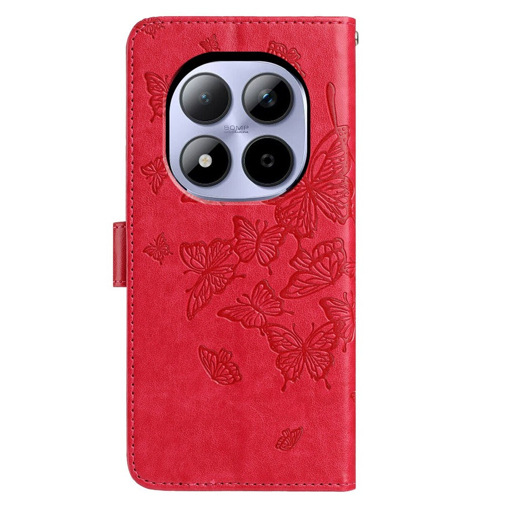 For Xiaomi Redmi Note 15 Pro 5G (Global) Case Butterfly Imprinted Wallet Stand PU Leather Flip Phone Cover with Strap - Red