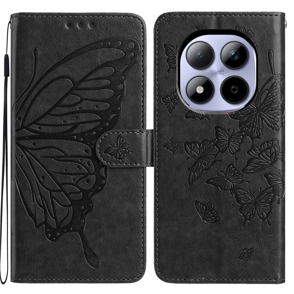 For Xiaomi Redmi Note 15 Pro 5G (Global) Case Butterfly Imprinted Wallet Stand PU Leather Flip Phone Cover with Strap - Black