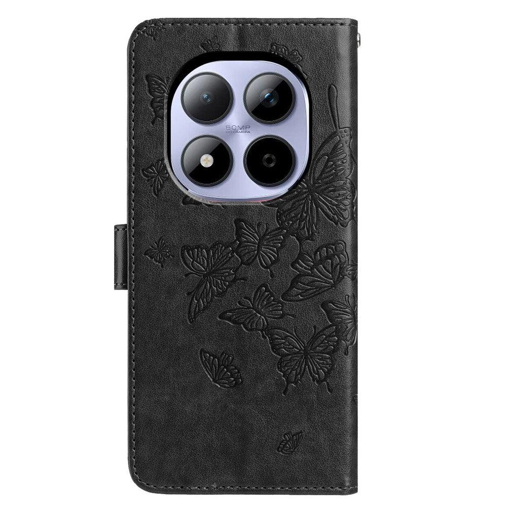 For Xiaomi Redmi Note 15 Pro 5G (Global) Case Butterfly Imprinted Wallet Stand PU Leather Flip Phone Cover with Strap - Black