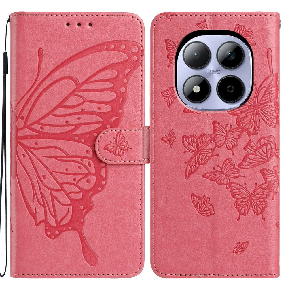 For Xiaomi Redmi Note 15 Pro 5G (Global) Case Butterfly Imprinted Wallet Stand PU Leather Flip Phone Cover with Strap - Rose
