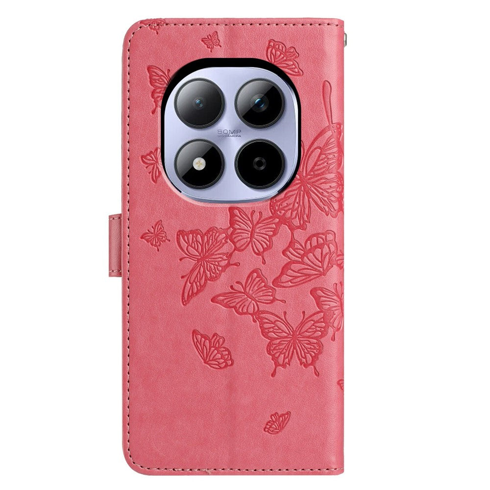 For Xiaomi Redmi Note 15 Pro 5G (Global) Case Butterfly Imprinted Wallet Stand PU Leather Flip Phone Cover with Strap - Rose