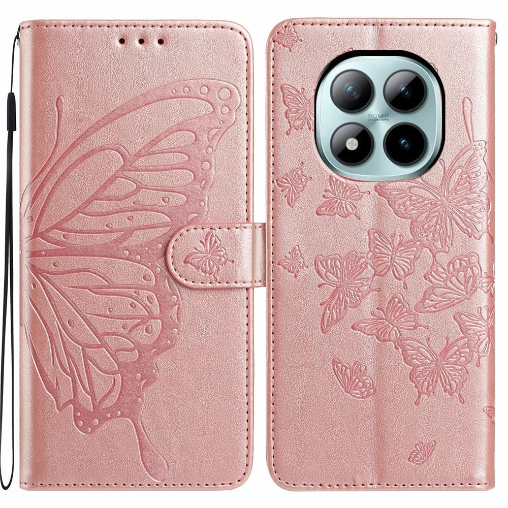 For Xiaomi Poco M8 Pro 5G / Redmi Note 15 Pro+ 5G (Global) Case Butterfly Imprinted Wallet Stand PU Leather Flip Phone Cover with Strap - Rose Gold