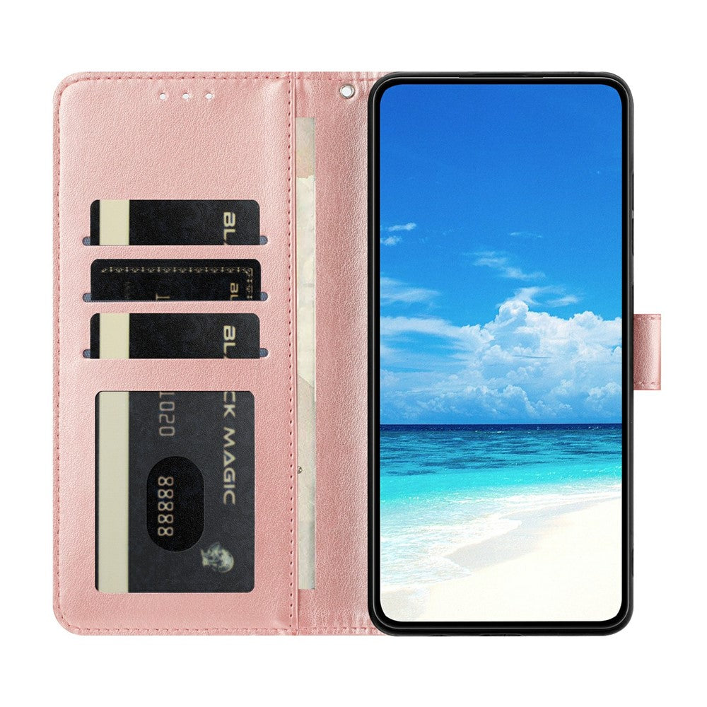 For Xiaomi Poco M8 Pro 5G / Redmi Note 15 Pro+ 5G (Global) Case Butterfly Imprinted Wallet Stand PU Leather Flip Phone Cover with Strap - Rose Gold