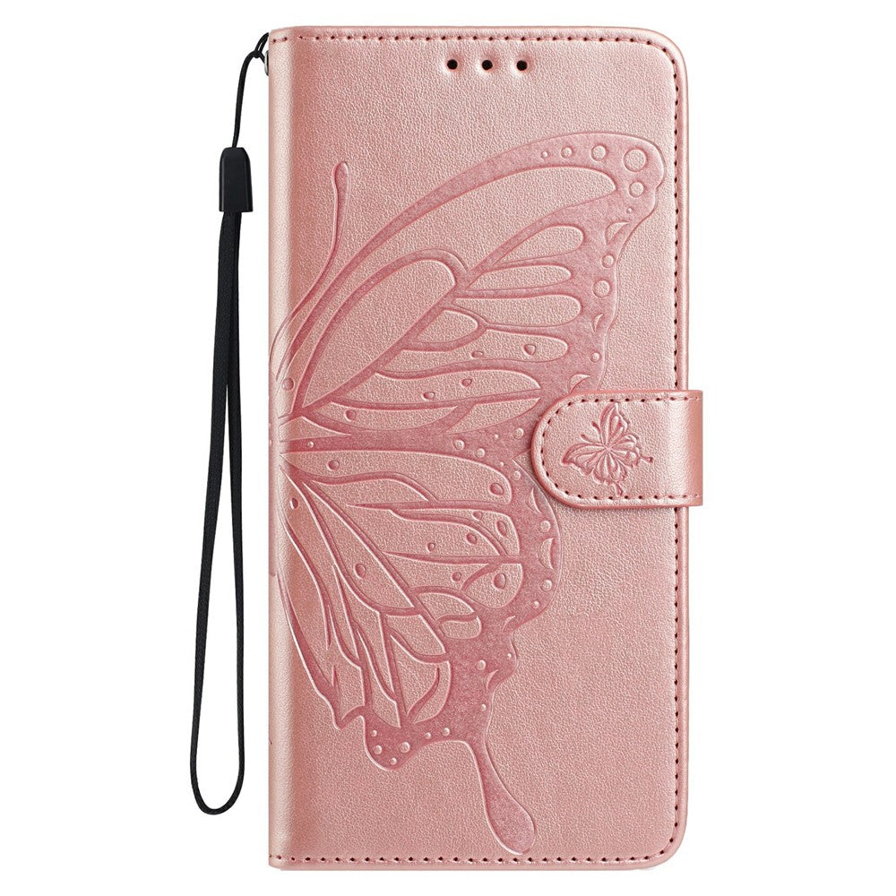 For Xiaomi Poco M8 Pro 5G / Redmi Note 15 Pro+ 5G (Global) Case Butterfly Imprinted Wallet Stand PU Leather Flip Phone Cover with Strap - Rose Gold
