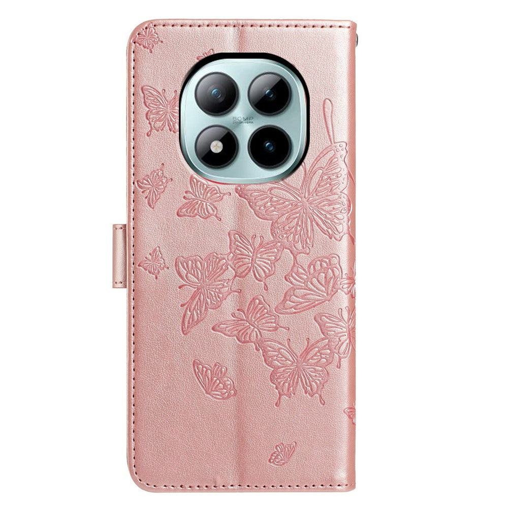 For Xiaomi Poco M8 Pro 5G / Redmi Note 15 Pro+ 5G (Global) Case Butterfly Imprinted Wallet Stand PU Leather Flip Phone Cover with Strap - Rose Gold