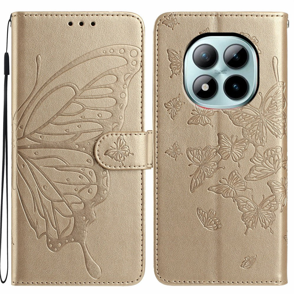 For Xiaomi Poco M8 Pro 5G / Redmi Note 15 Pro+ 5G (Global) Case Butterfly Imprinted Wallet Stand PU Leather Flip Phone Cover with Strap - Gold