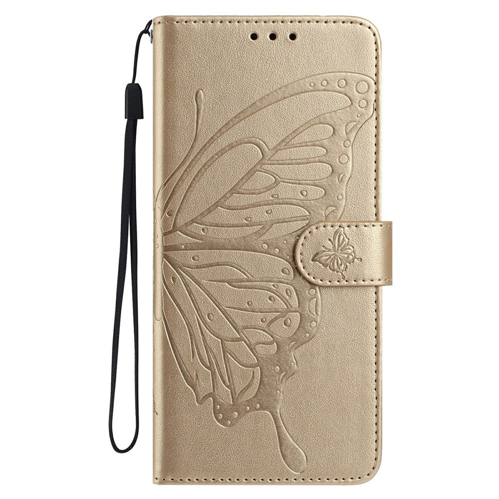 For Xiaomi Poco M8 Pro 5G / Redmi Note 15 Pro+ 5G (Global) Case Butterfly Imprinted Wallet Stand PU Leather Flip Phone Cover with Strap - Gold