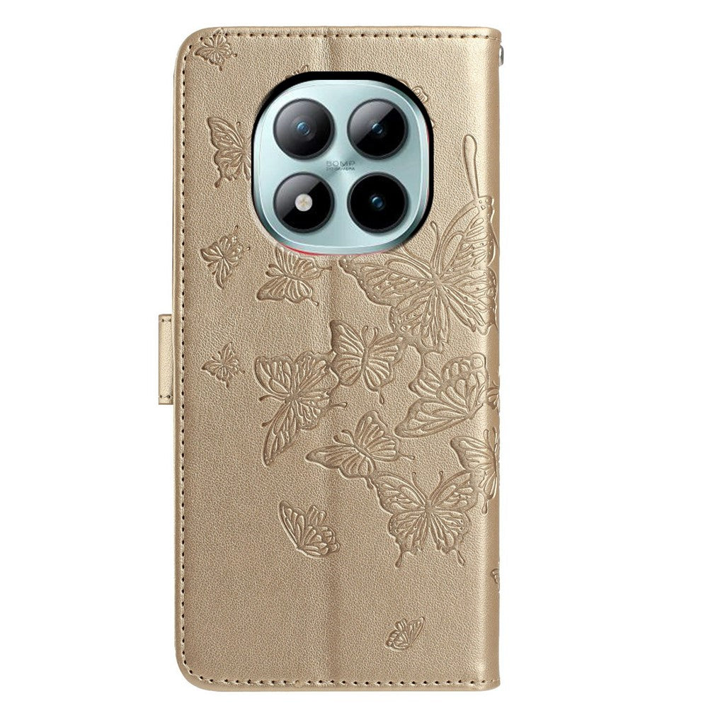 For Xiaomi Poco M8 Pro 5G / Redmi Note 15 Pro+ 5G (Global) Case Butterfly Imprinted Wallet Stand PU Leather Flip Phone Cover with Strap - Gold