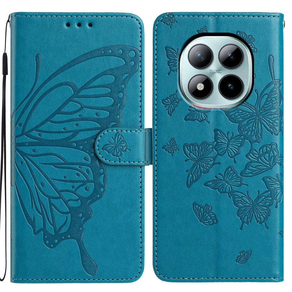 For Xiaomi Poco M8 Pro 5G / Redmi Note 15 Pro+ 5G (Global) Case Butterfly Imprinted Wallet Stand PU Leather Flip Phone Cover with Strap - Blue