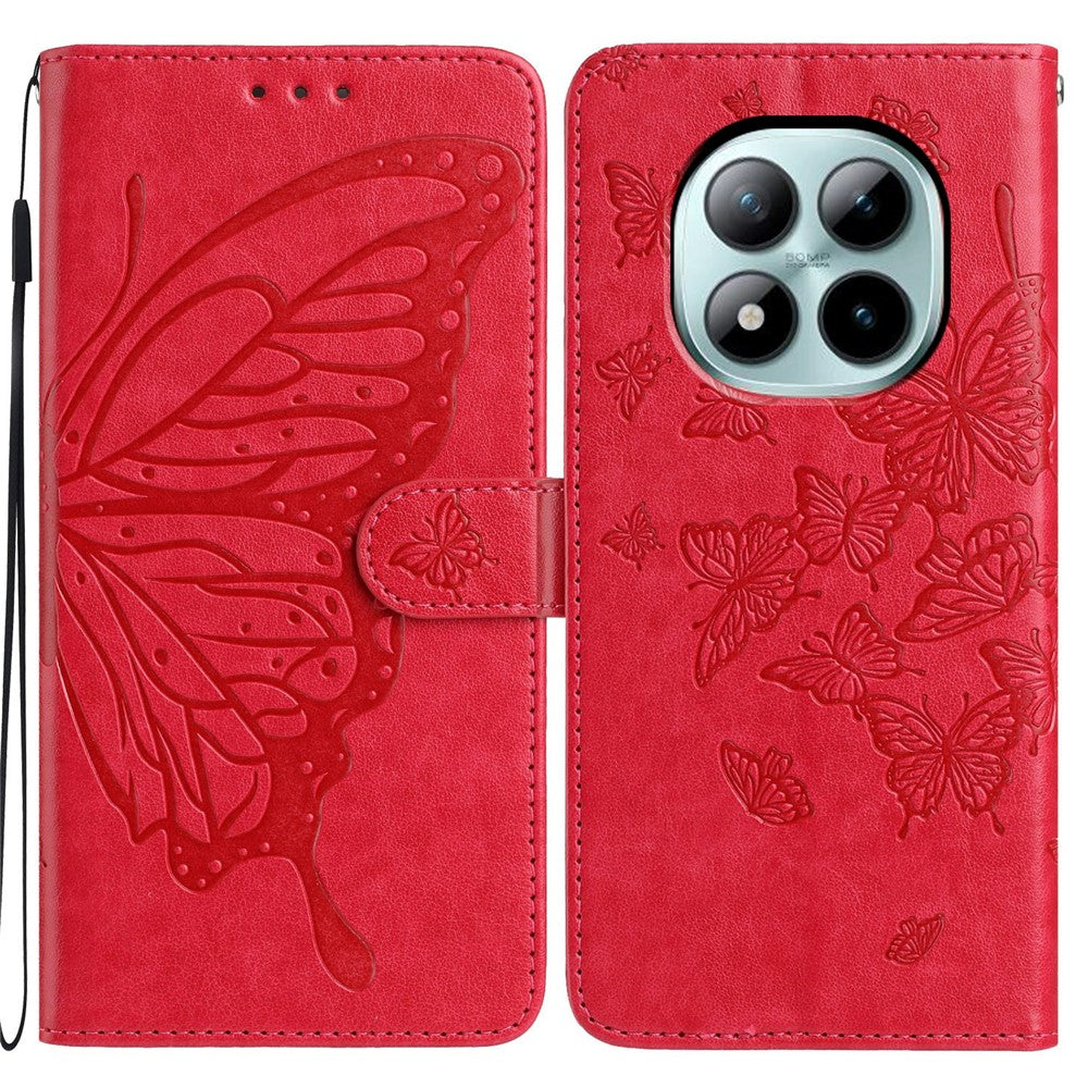 For Xiaomi Poco M8 Pro 5G / Redmi Note 15 Pro+ 5G (Global) Case Butterfly Imprinted Wallet Stand PU Leather Flip Phone Cover with Strap - Red
