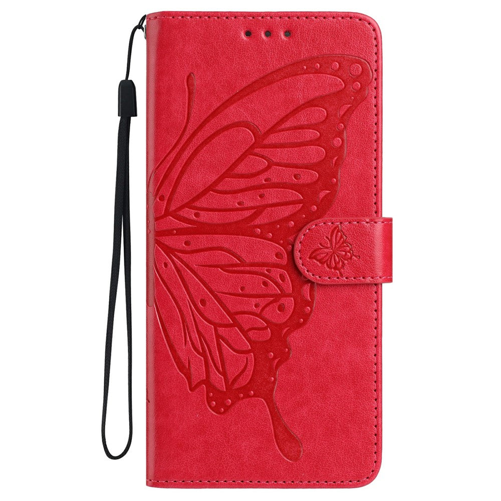 For Xiaomi Poco M8 Pro 5G / Redmi Note 15 Pro+ 5G (Global) Case Butterfly Imprinted Wallet Stand PU Leather Flip Phone Cover with Strap - Red