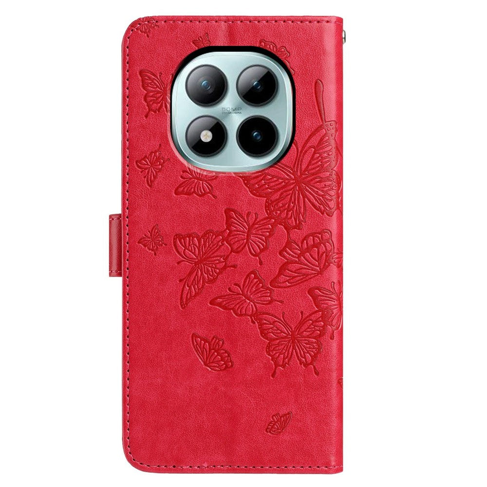 For Xiaomi Poco M8 Pro 5G / Redmi Note 15 Pro+ 5G (Global) Case Butterfly Imprinted Wallet Stand PU Leather Flip Phone Cover with Strap - Red