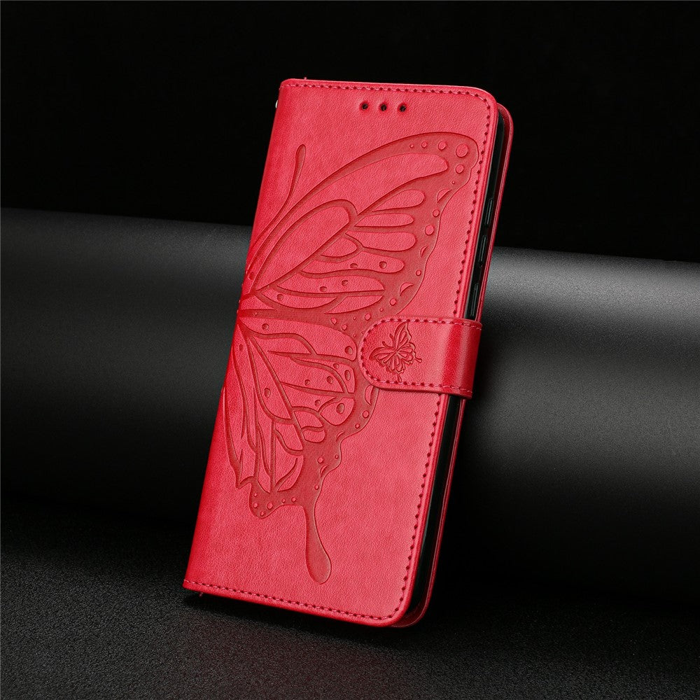 For Xiaomi Poco M8 Pro 5G / Redmi Note 15 Pro+ 5G (Global) Case Butterfly Imprinted Wallet Stand PU Leather Flip Phone Cover with Strap - Red