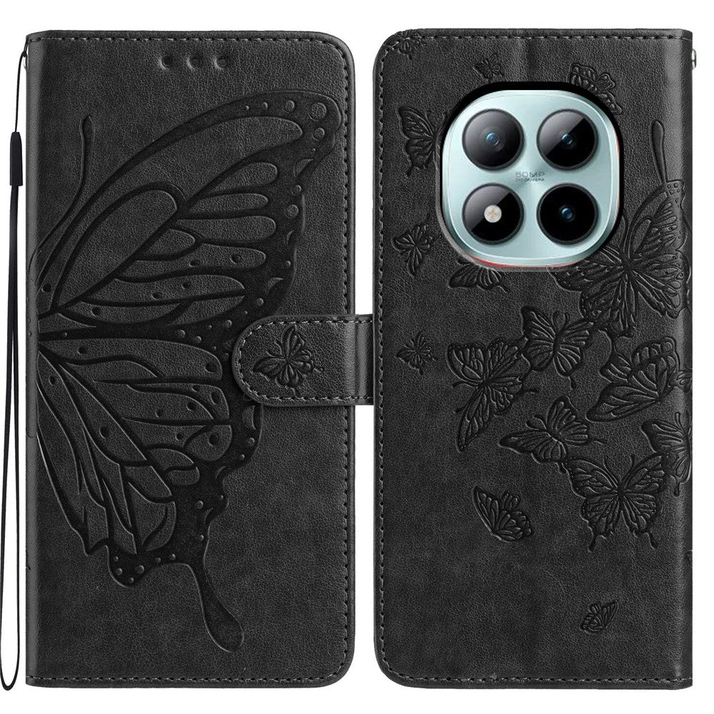For Xiaomi Poco M8 Pro 5G / Redmi Note 15 Pro+ 5G (Global) Case Butterfly Imprinted Wallet Stand PU Leather Flip Phone Cover with Strap - Black