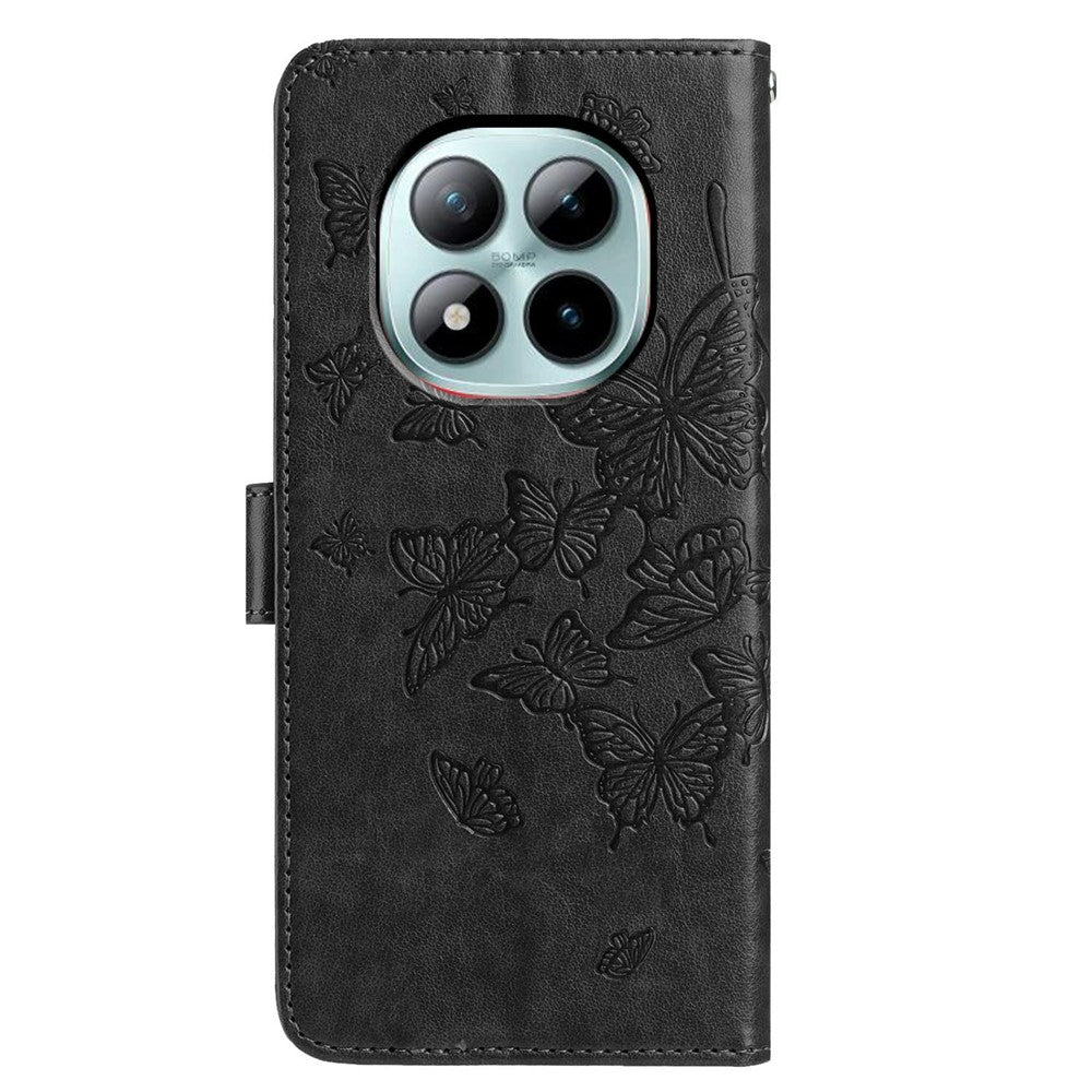 For Xiaomi Poco M8 Pro 5G / Redmi Note 15 Pro+ 5G (Global) Case Butterfly Imprinted Wallet Stand PU Leather Flip Phone Cover with Strap - Black