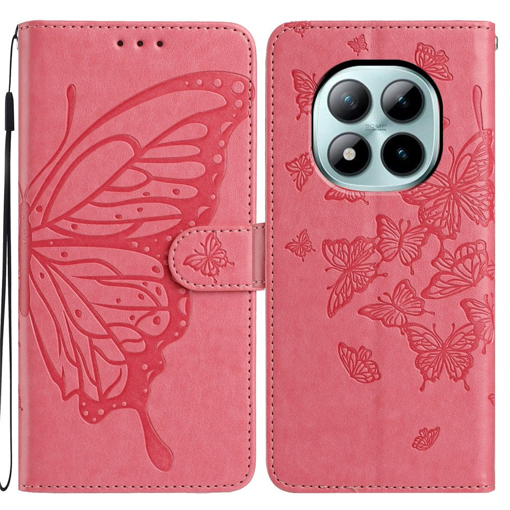 For Xiaomi Poco M8 Pro 5G / Redmi Note 15 Pro+ 5G (Global) Case Butterfly Imprinted Wallet Stand PU Leather Flip Phone Cover with Strap - Rose