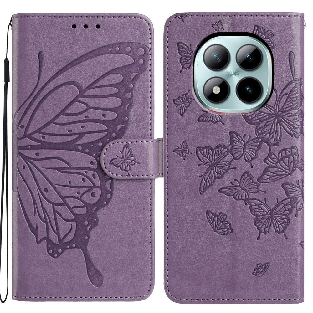 For Xiaomi Poco M8 Pro 5G / Redmi Note 15 Pro+ 5G (Global) Case Butterfly Imprinted Wallet Stand PU Leather Flip Phone Cover with Strap - Purple