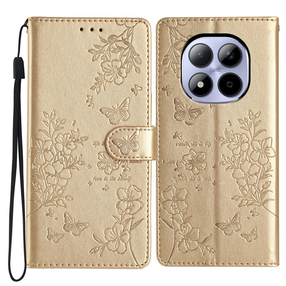 For Xiaomi Redmi Note 15 Pro 5G (Global) Wallet Phone Case Butterfly Floral Imprint Leather Flip Cover with Strap - Gold