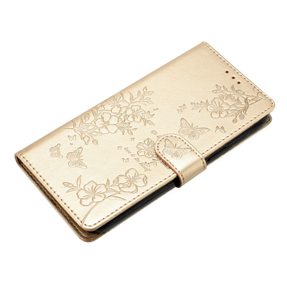For Xiaomi Redmi Note 15 Pro 5G (Global) Wallet Phone Case Butterfly Floral Imprint Leather Flip Cover with Strap - Gold