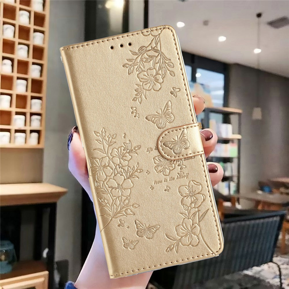 For Xiaomi Redmi Note 15 Pro 5G (Global) Wallet Phone Case Butterfly Floral Imprint Leather Flip Cover with Strap - Gold