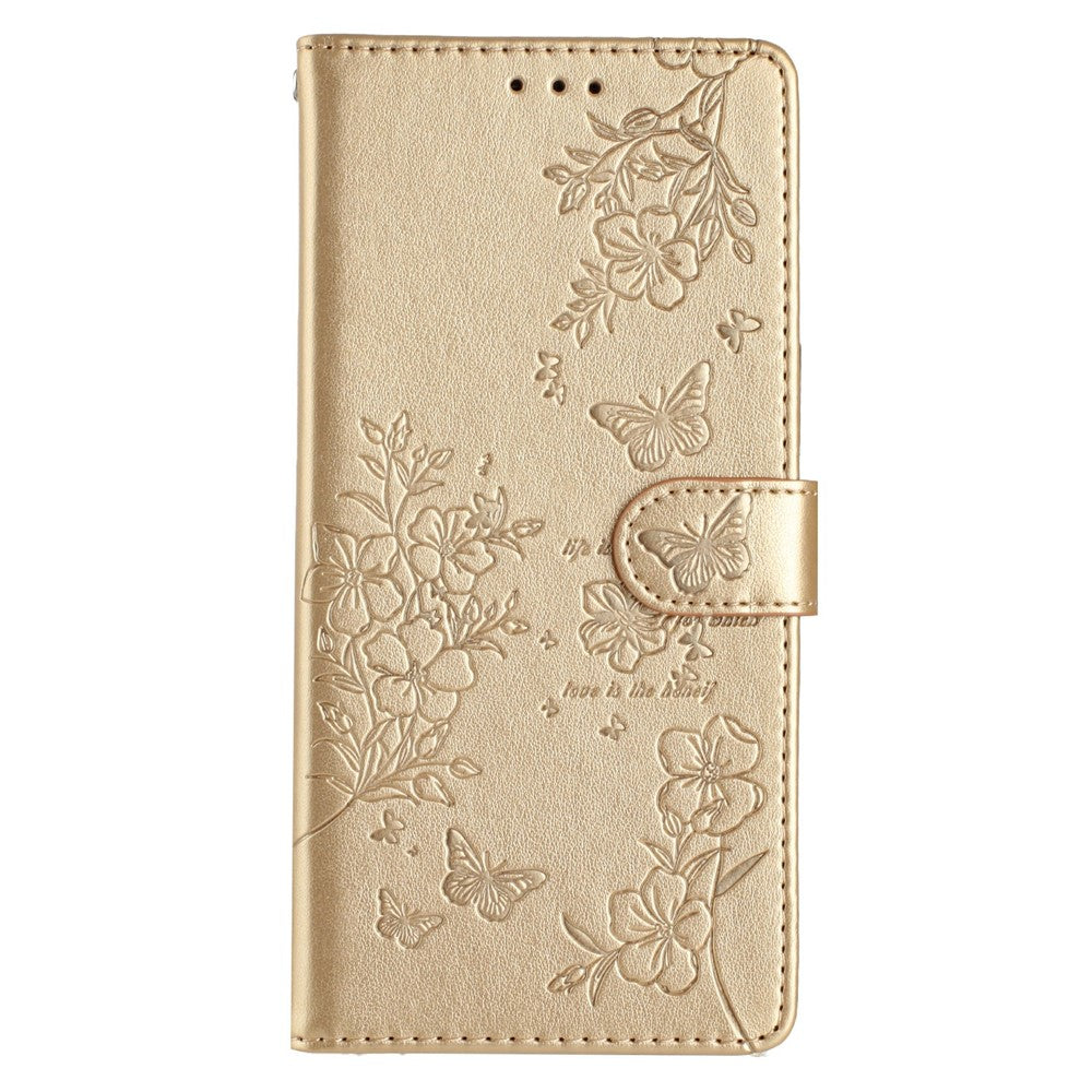 For Xiaomi Redmi Note 15 Pro 5G (Global) Wallet Phone Case Butterfly Floral Imprint Leather Flip Cover with Strap - Gold