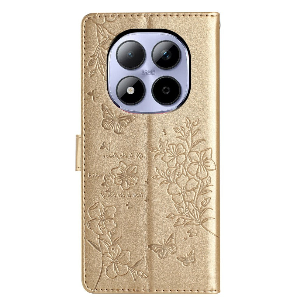For Xiaomi Redmi Note 15 Pro 5G (Global) Wallet Phone Case Butterfly Floral Imprint Leather Flip Cover with Strap - Gold
