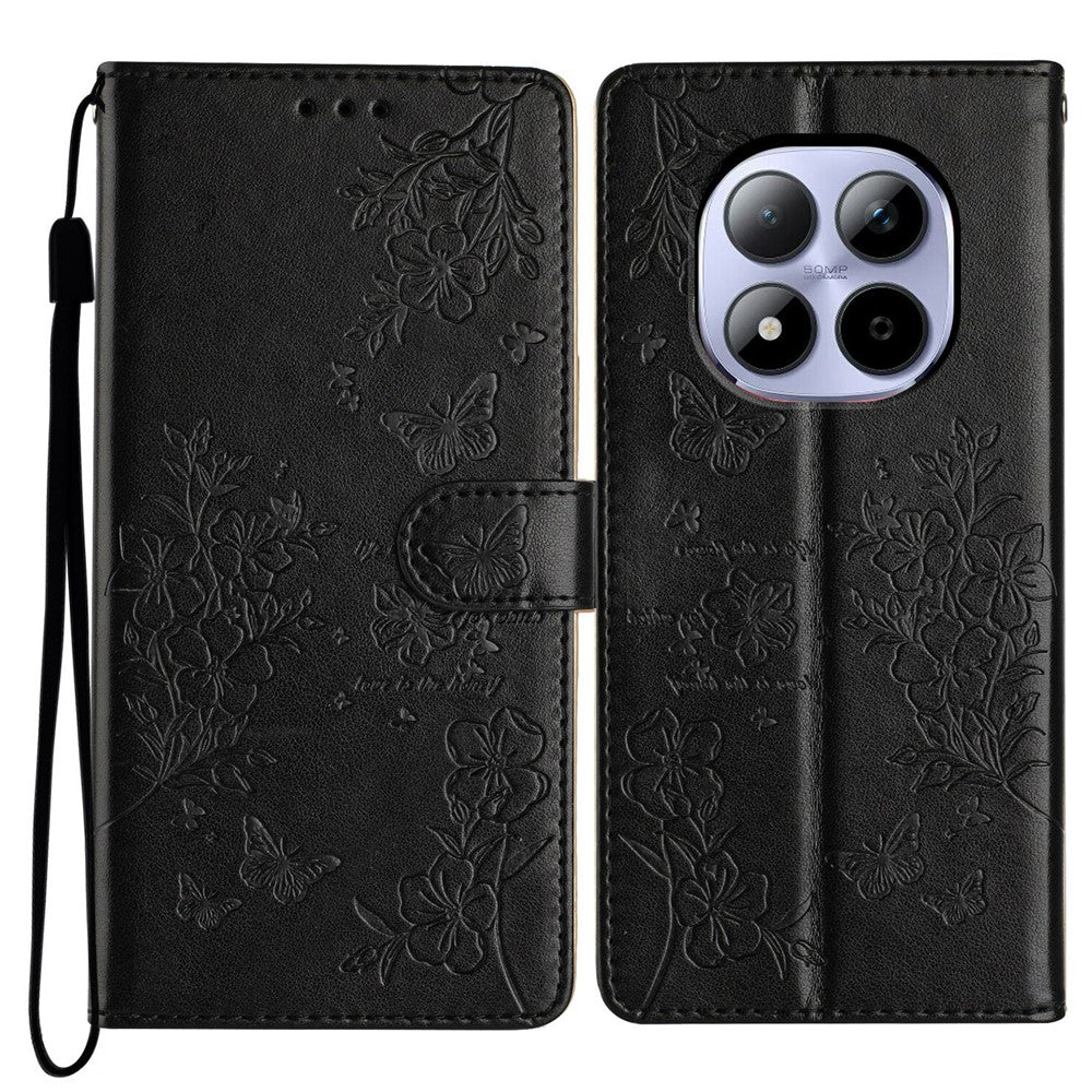 For Xiaomi Redmi Note 15 Pro 5G (Global) Wallet Phone Case Butterfly Floral Imprint Leather Flip Cover with Strap - Black