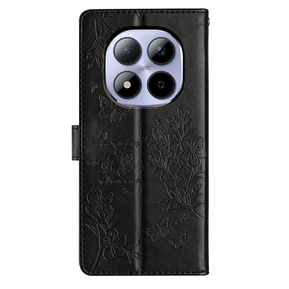 For Xiaomi Redmi Note 15 Pro 5G (Global) Wallet Phone Case Butterfly Floral Imprint Leather Flip Cover with Strap - Black