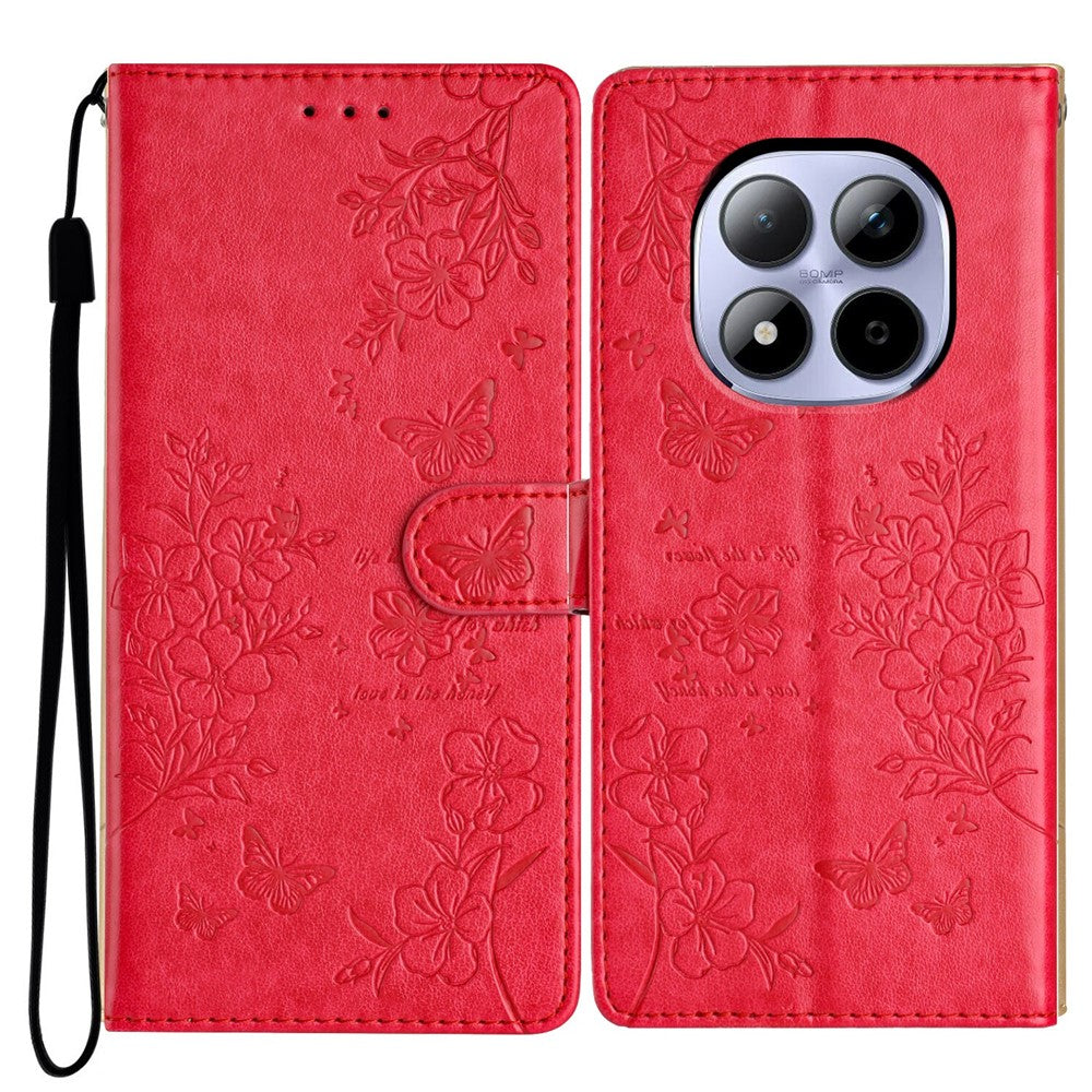 For Xiaomi Redmi Note 15 Pro 5G (Global) Wallet Phone Case Butterfly Floral Imprint Leather Flip Cover with Strap - Red