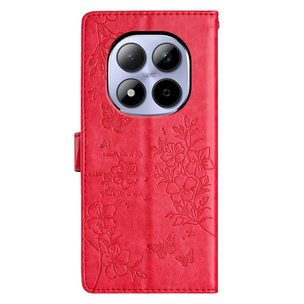 For Xiaomi Redmi Note 15 Pro 5G (Global) Wallet Phone Case Butterfly Floral Imprint Leather Flip Cover with Strap - Red