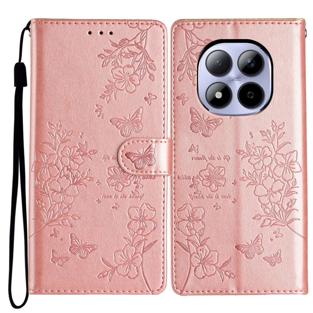 For Xiaomi Redmi Note 15 Pro 5G (Global) Wallet Phone Case Butterfly Floral Imprint Leather Flip Cover with Strap - Rose Gold