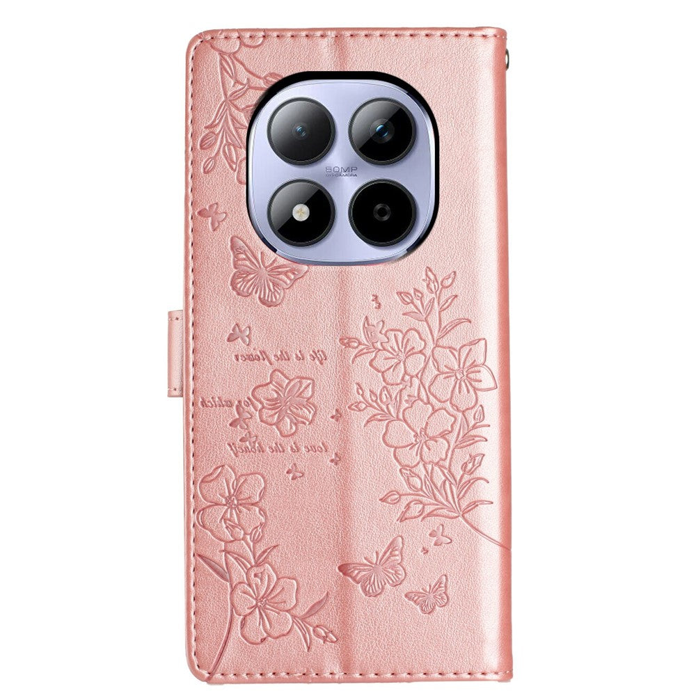 For Xiaomi Redmi Note 15 Pro 5G (Global) Wallet Phone Case Butterfly Floral Imprint Leather Flip Cover with Strap - Rose Gold