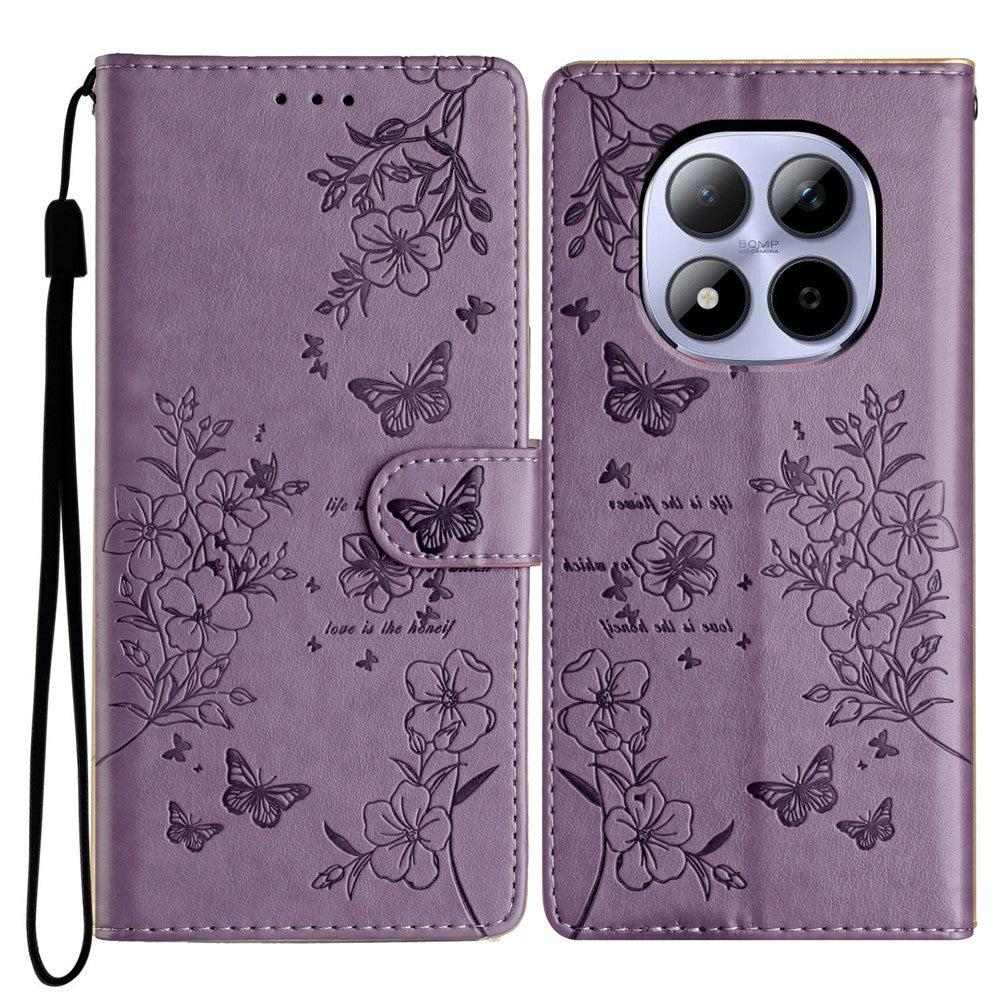 For Xiaomi Redmi Note 15 Pro 5G (Global) Wallet Phone Case Butterfly Floral Imprint Leather Flip Cover with Strap - Purple