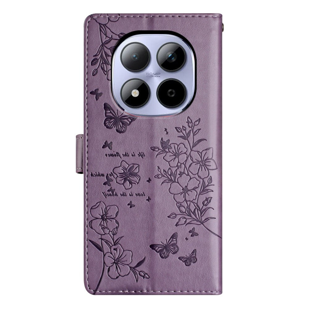 For Xiaomi Redmi Note 15 Pro 5G (Global) Wallet Phone Case Butterfly Floral Imprint Leather Flip Cover with Strap - Purple