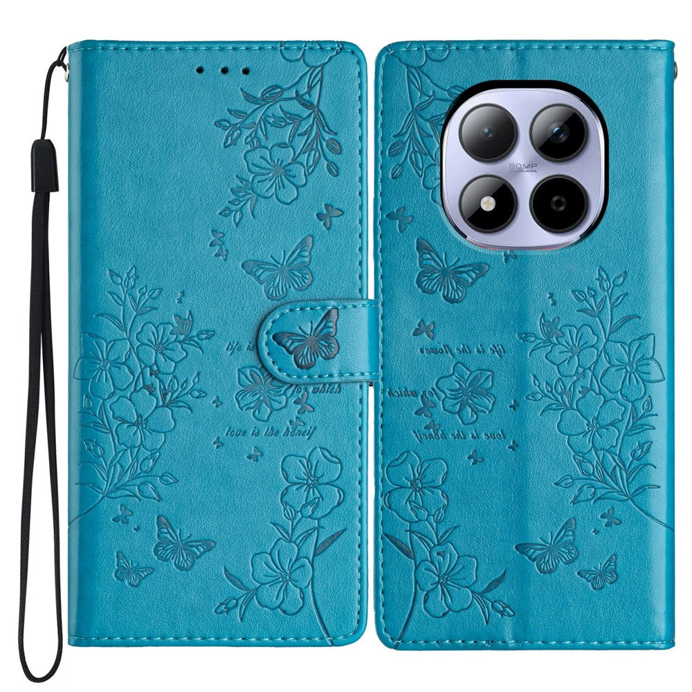 For Xiaomi Redmi Note 15 Pro 5G (Global) Wallet Phone Case Butterfly Floral Imprint Leather Flip Cover with Strap - Blue