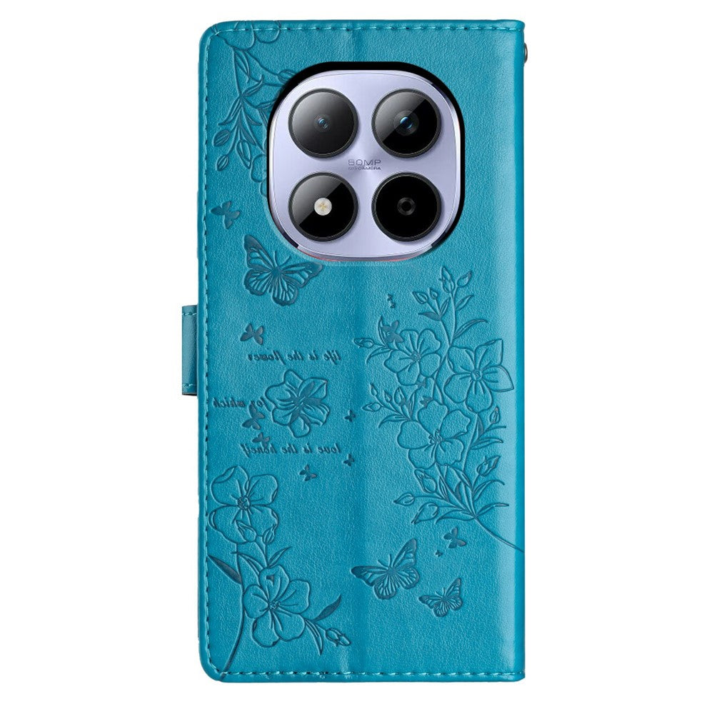 For Xiaomi Redmi Note 15 Pro 5G (Global) Wallet Phone Case Butterfly Floral Imprint Leather Flip Cover with Strap - Blue
