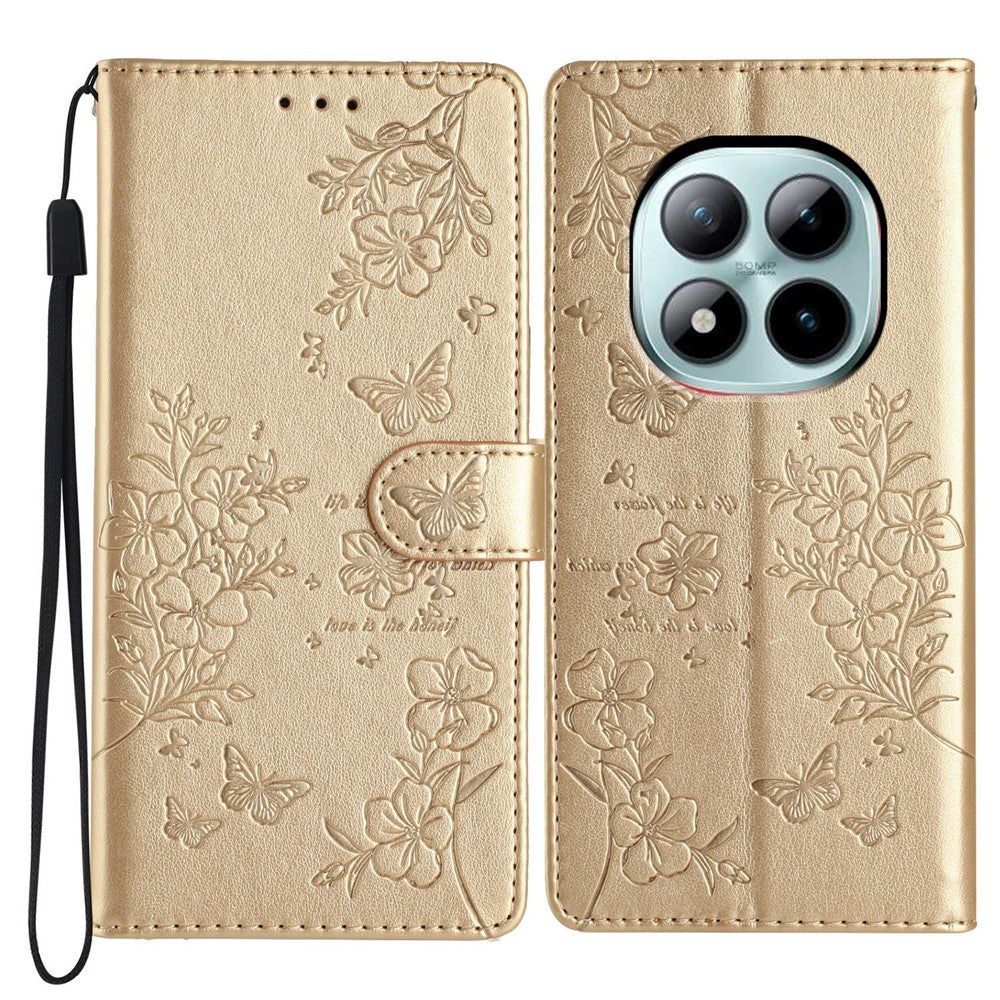 For Xiaomi Poco M8 Pro 5G / Redmi Note 15 Pro+ 5G (Global) Wallet Phone Case Butterfly Floral Imprint Leather Flip Cover with Strap - Gold