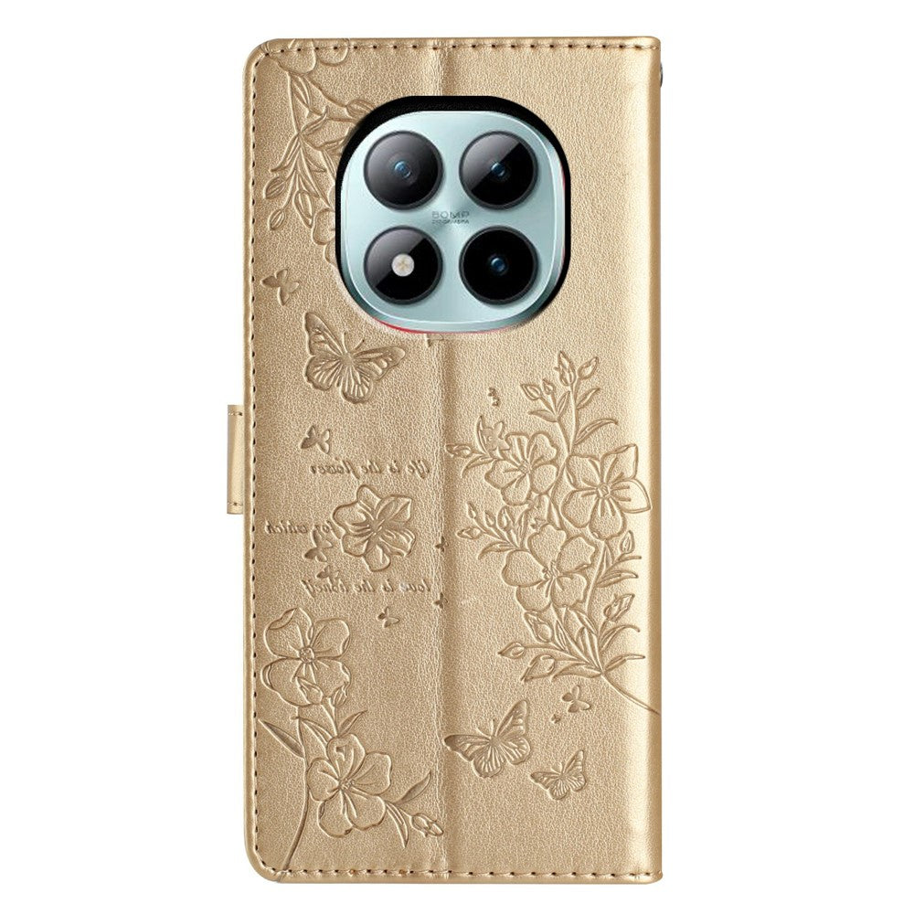 For Xiaomi Poco M8 Pro 5G / Redmi Note 15 Pro+ 5G (Global) Wallet Phone Case Butterfly Floral Imprint Leather Flip Cover with Strap - Gold