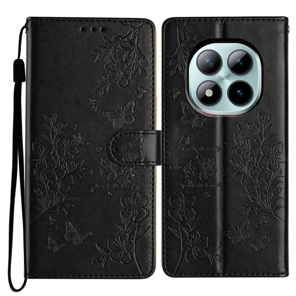 For Xiaomi Poco M8 Pro 5G / Redmi Note 15 Pro+ 5G (Global) Wallet Phone Case Butterfly Floral Imprint Leather Flip Cover with Strap - Black