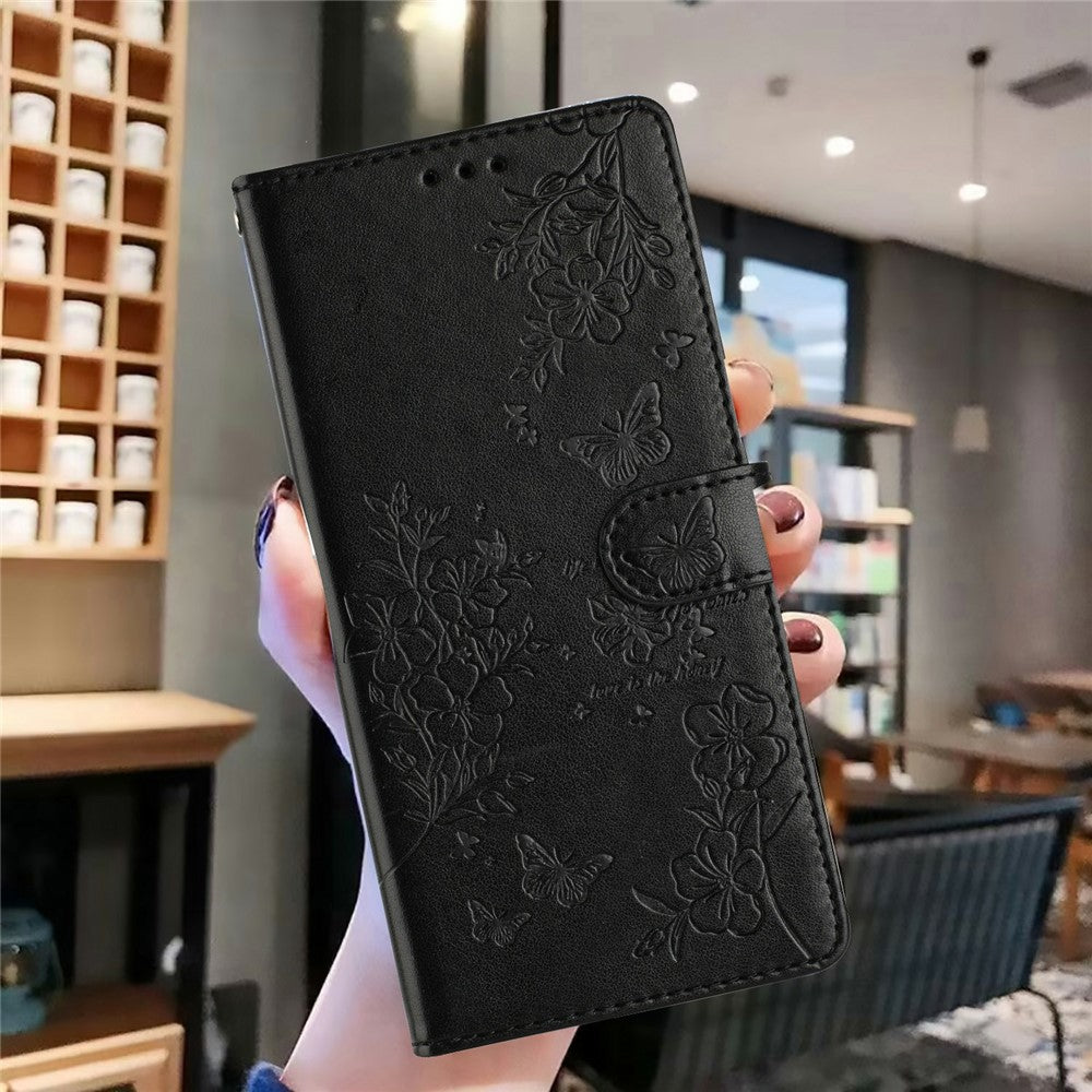 For Xiaomi Poco M8 Pro 5G / Redmi Note 15 Pro+ 5G (Global) Wallet Phone Case Butterfly Floral Imprint Leather Flip Cover with Strap - Black