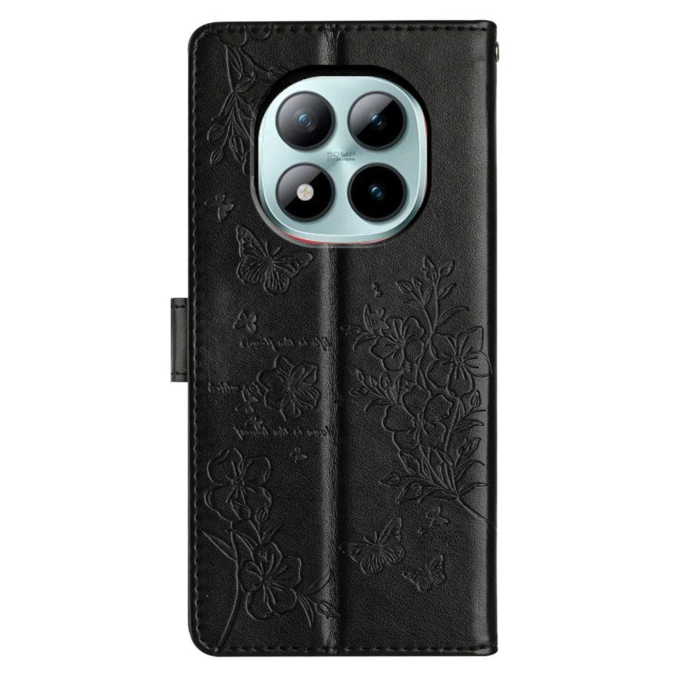 For Xiaomi Poco M8 Pro 5G / Redmi Note 15 Pro+ 5G (Global) Wallet Phone Case Butterfly Floral Imprint Leather Flip Cover with Strap - Black
