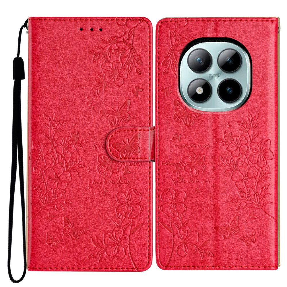 For Xiaomi Poco M8 Pro 5G / Redmi Note 15 Pro+ 5G (Global) Wallet Phone Case Butterfly Floral Imprint Leather Flip Cover with Strap - Red