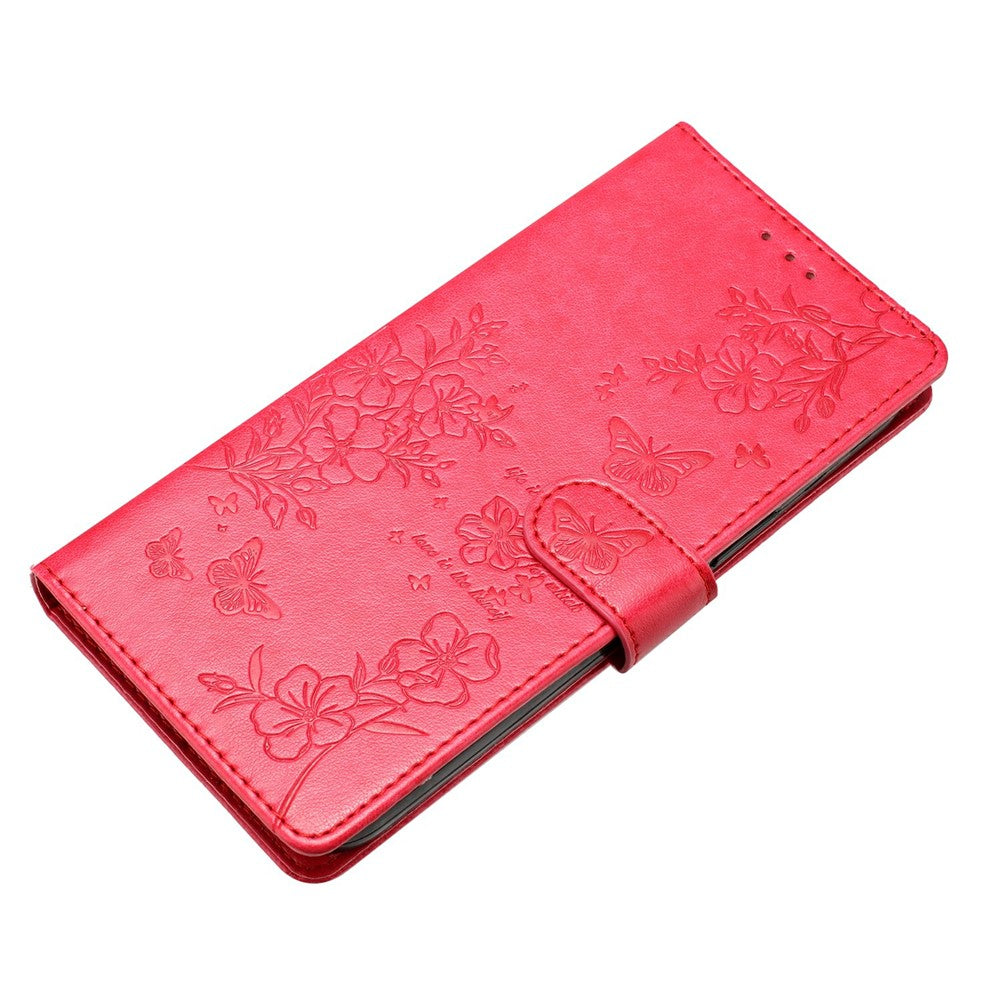 For Xiaomi Poco M8 Pro 5G / Redmi Note 15 Pro+ 5G (Global) Wallet Phone Case Butterfly Floral Imprint Leather Flip Cover with Strap - Red