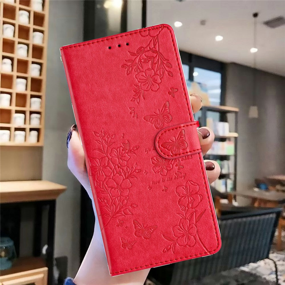 For Xiaomi Poco M8 Pro 5G / Redmi Note 15 Pro+ 5G (Global) Wallet Phone Case Butterfly Floral Imprint Leather Flip Cover with Strap - Red
