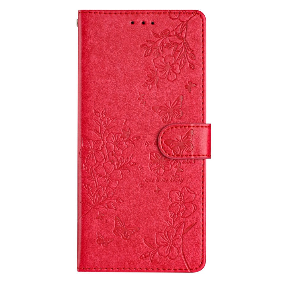 For Xiaomi Poco M8 Pro 5G / Redmi Note 15 Pro+ 5G (Global) Wallet Phone Case Butterfly Floral Imprint Leather Flip Cover with Strap - Red