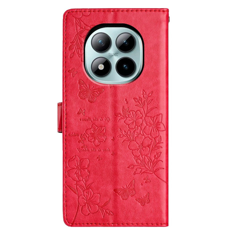 For Xiaomi Poco M8 Pro 5G / Redmi Note 15 Pro+ 5G (Global) Wallet Phone Case Butterfly Floral Imprint Leather Flip Cover with Strap - Red
