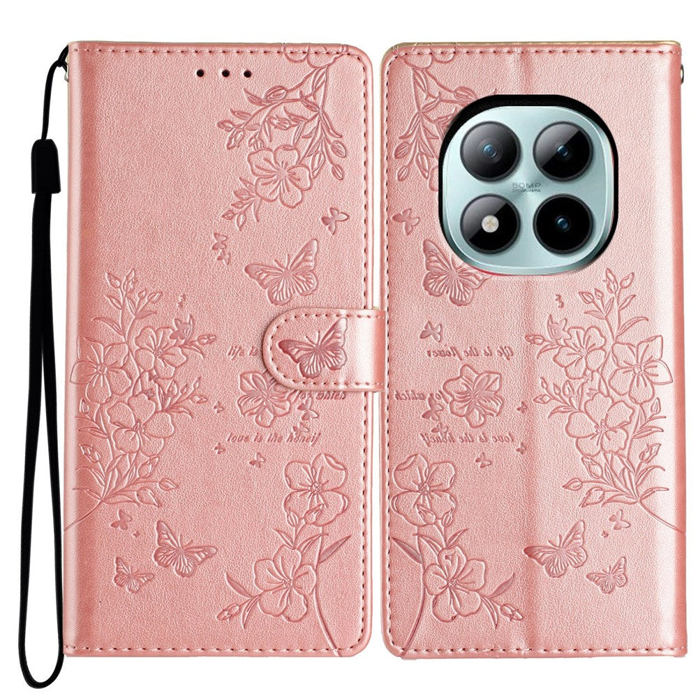 For Xiaomi Poco M8 Pro 5G / Redmi Note 15 Pro+ 5G (Global) Wallet Phone Case Butterfly Floral Imprint Leather Flip Cover with Strap - Rose Gold